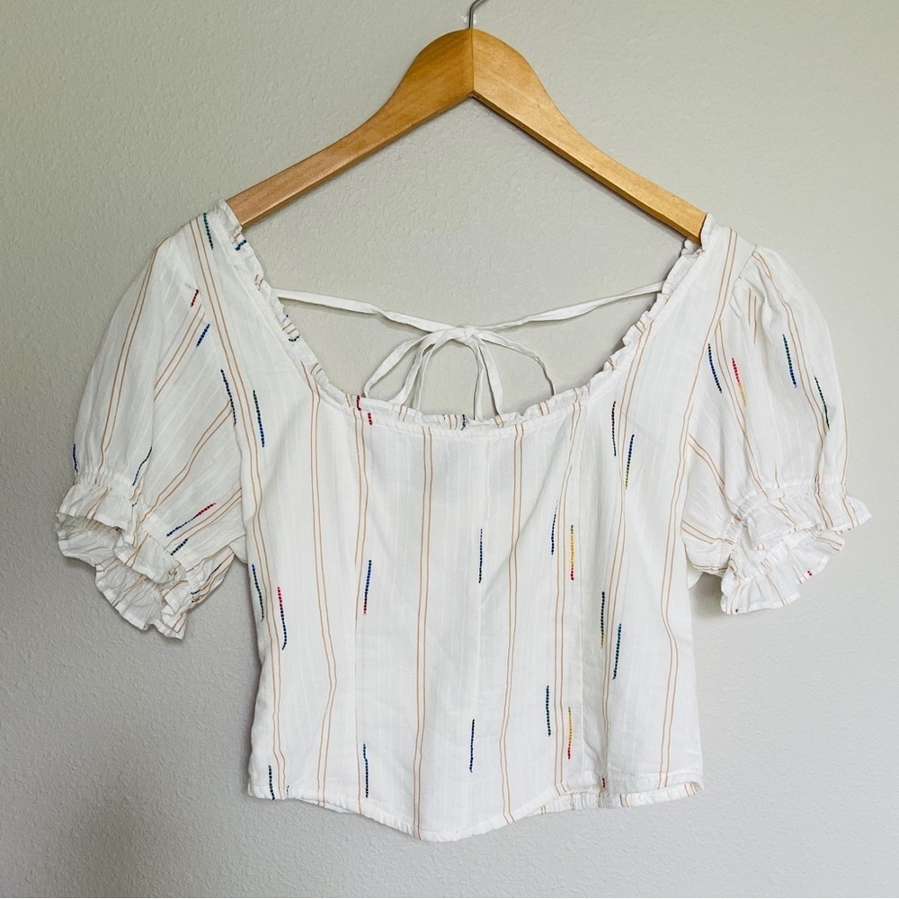 Free People NWT Ivory Boho Peasant Blouse | Puff Sleeve Embroidered Top | Size M